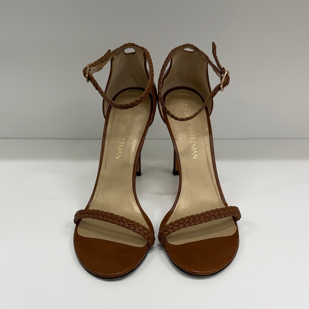 Stuart Weitzman Tan Braided Ankle-Strap High Heel Sandals